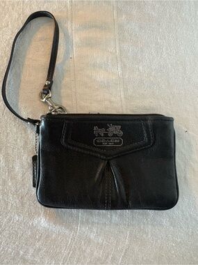 Coach Black Leather Wristlet with Silver Hardware